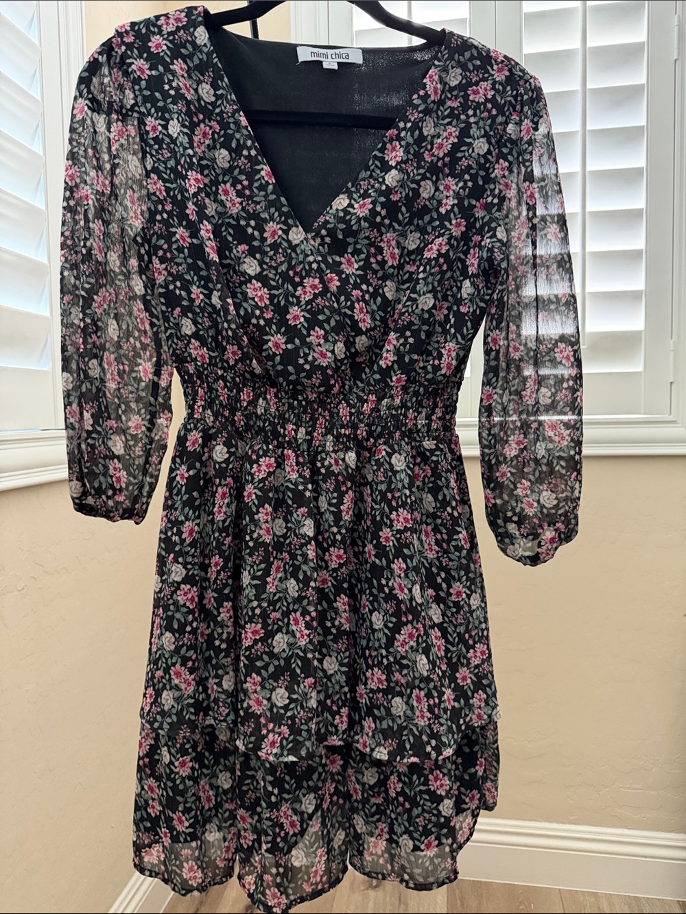 Mimi Chica Black Floral V-Neck Mini Dress with Pink and Green Print size M